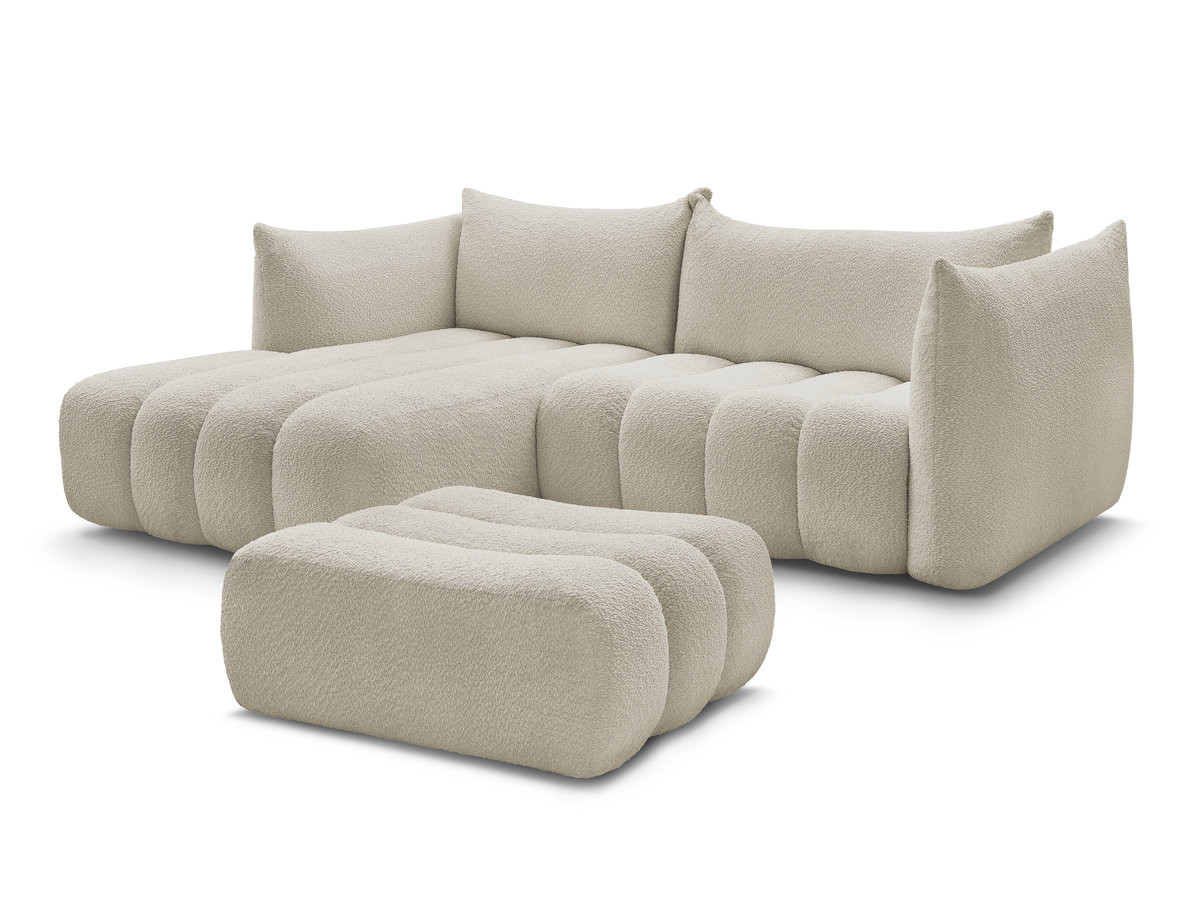 canapé d'angle fixe azra tissu bouclette avec pouf de couleur beige