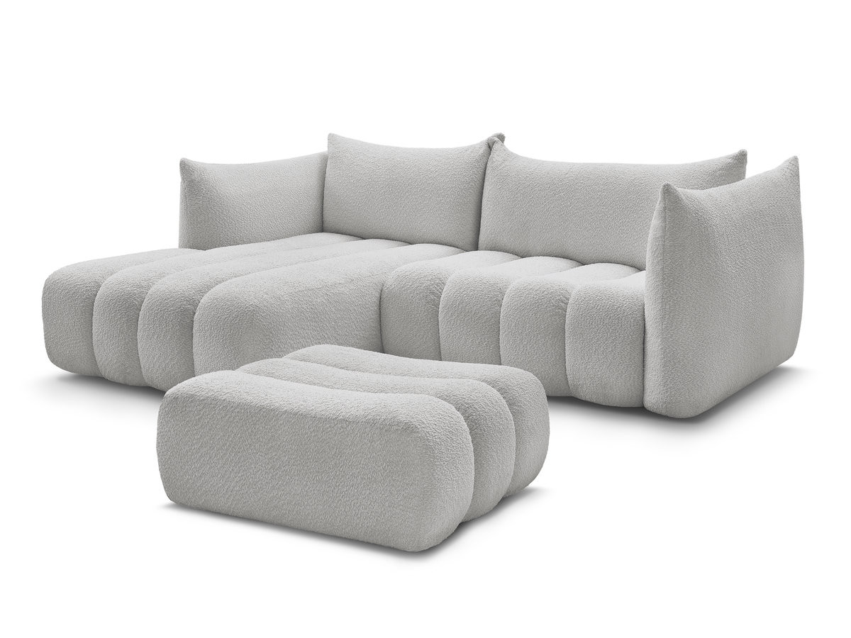 canapé d'angle fixe azra tissu bouclette avec pouf de couleur gris clair