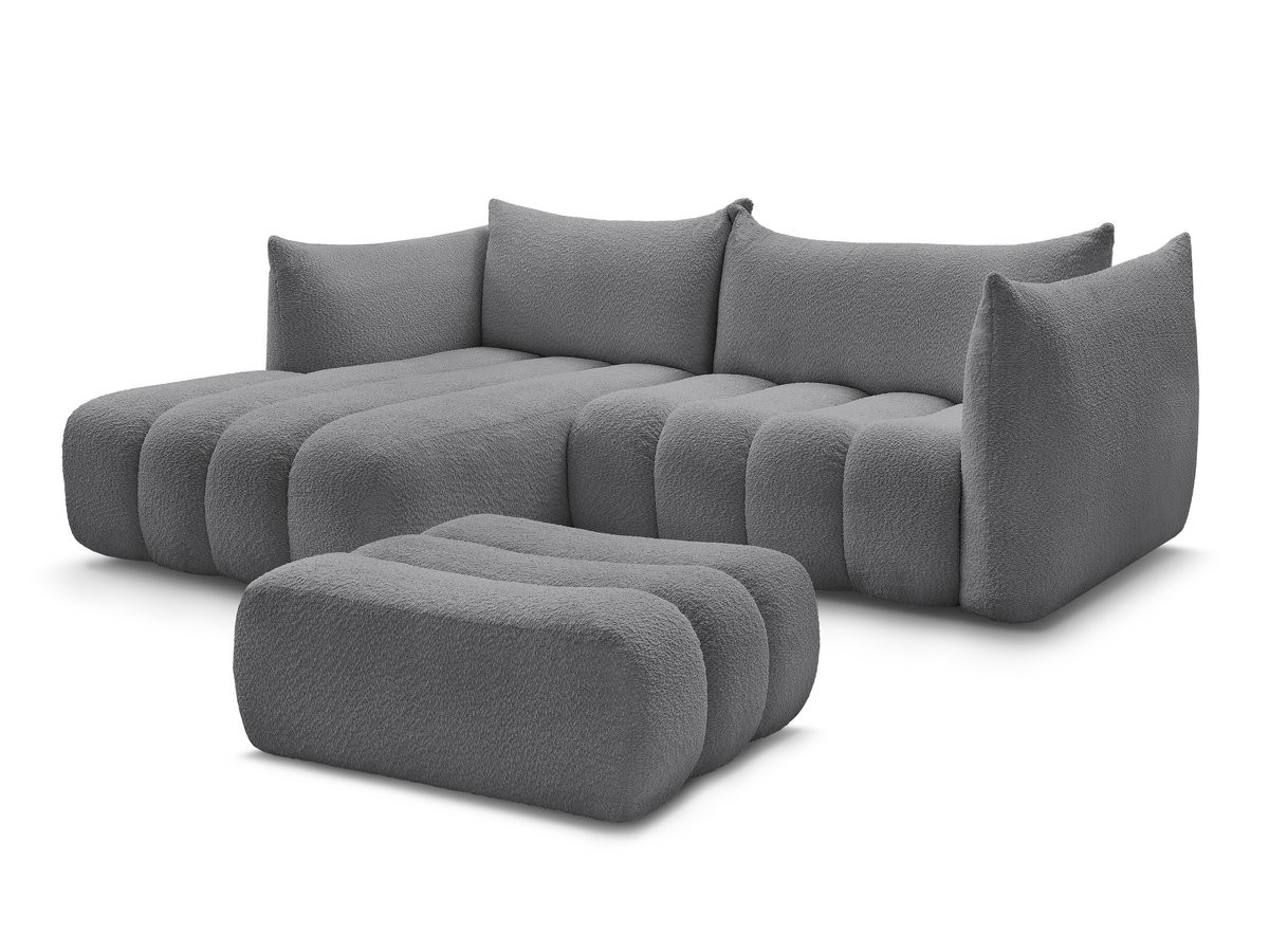 canapé d'angle fixe azra tissu bouclette avec pouf de couleur gris foncé