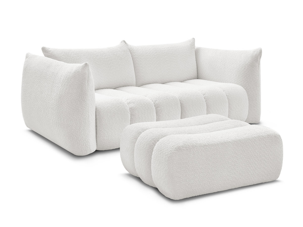 canapé droit fixe 3 places azra tissu bouclette avec pouf de couleur blanc