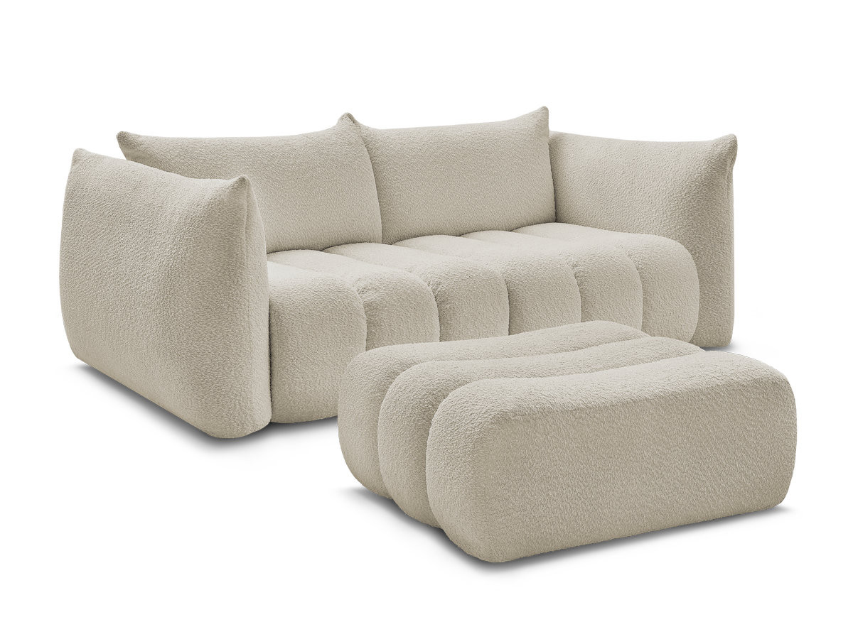 canapé droit fixe 3 places azra tissu bouclette avec pouf de couleur beige