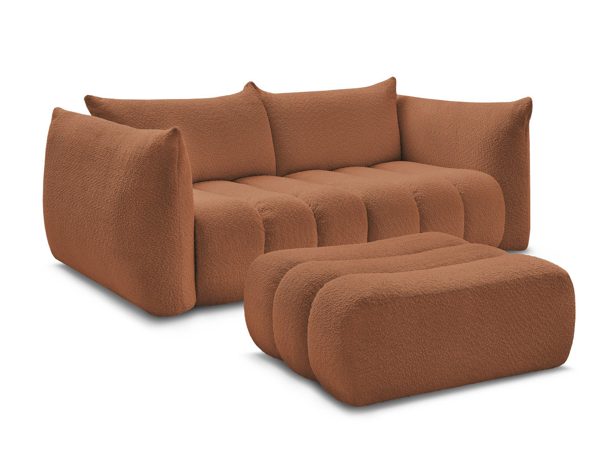 canapé droit fixe 3 places azra tissu bouclette avec pouf de couleur orange