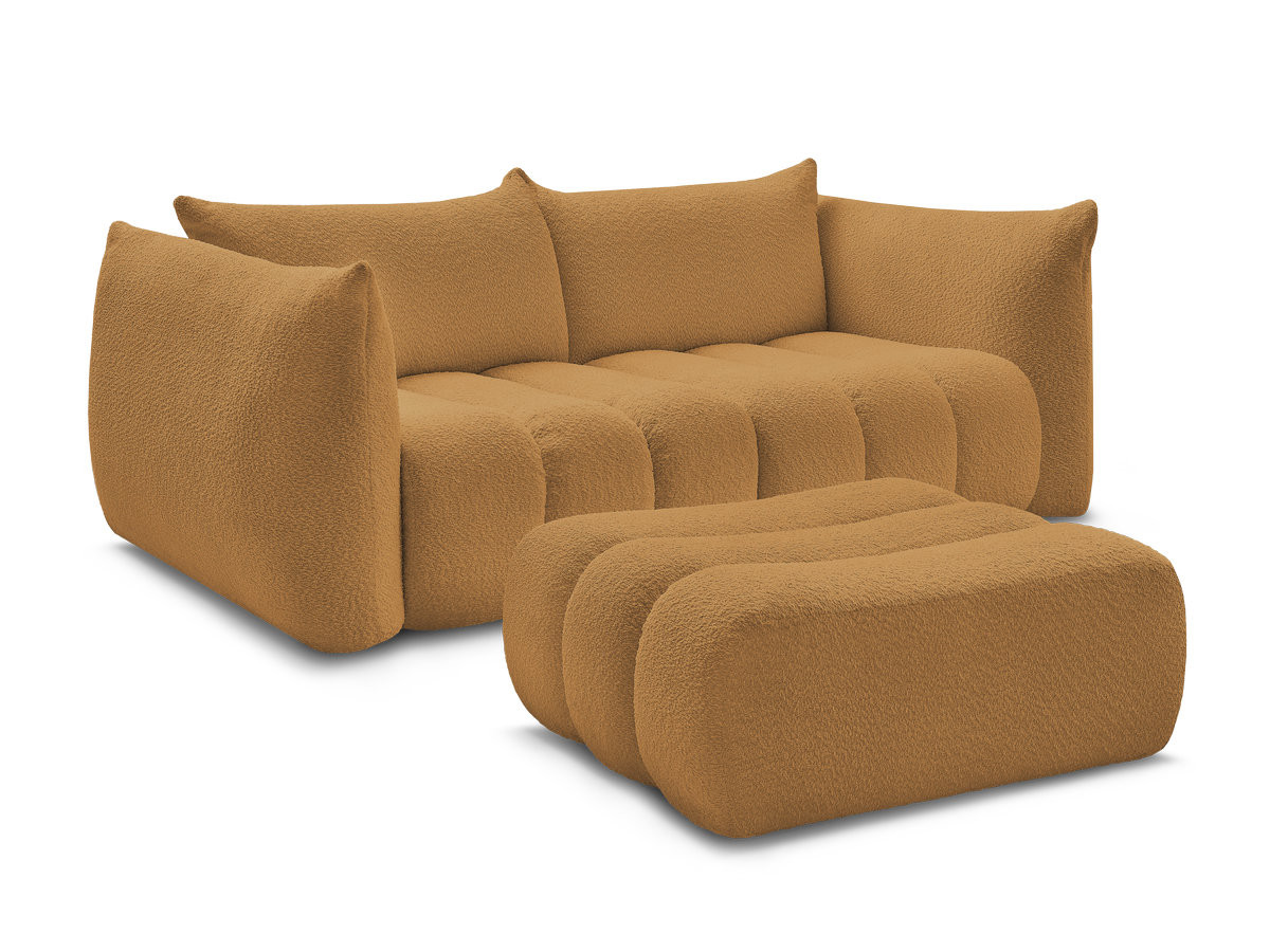 canapé droit fixe 3 places azra tissu bouclette avec pouf de couleur jaune