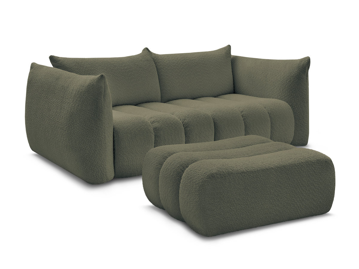 canapé droit fixe 3 places azra tissu bouclette avec pouf de couleur vert