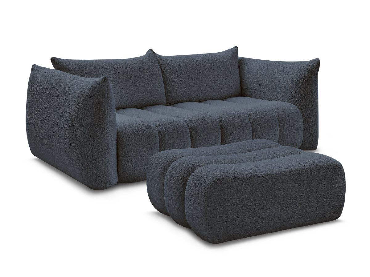 canapé droit fixe 3 places azra tissu bouclette avec pouf de couleur bleu foncé