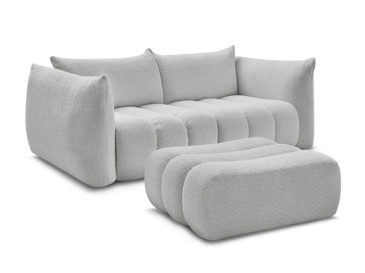 canapé droit fixe 3 places azra tissu bouclette avec pouf de couleur gris clair