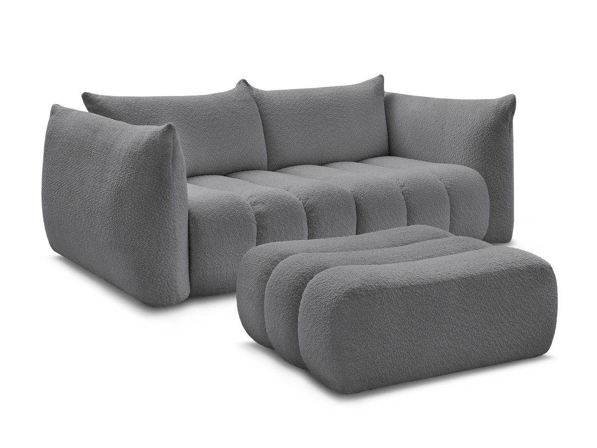 canapé droit fixe 3 places azra tissu bouclette avec pouf de couleur gris foncé