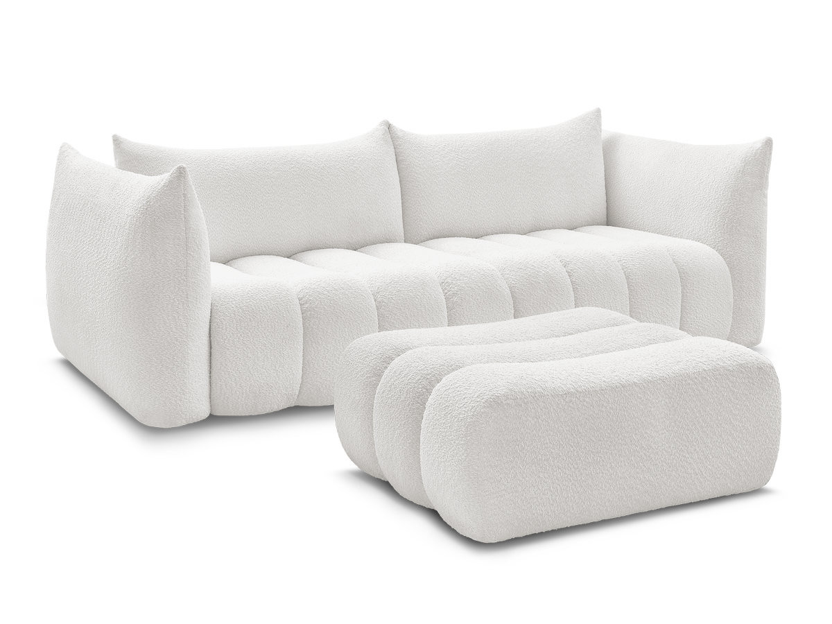 canapé droit fixe 4 places azra tissu bouclette avec pouf de couleur blanc