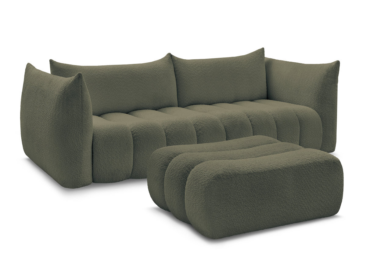 canapé droit fixe 4 places azra tissu bouclette avec pouf de couleur vert