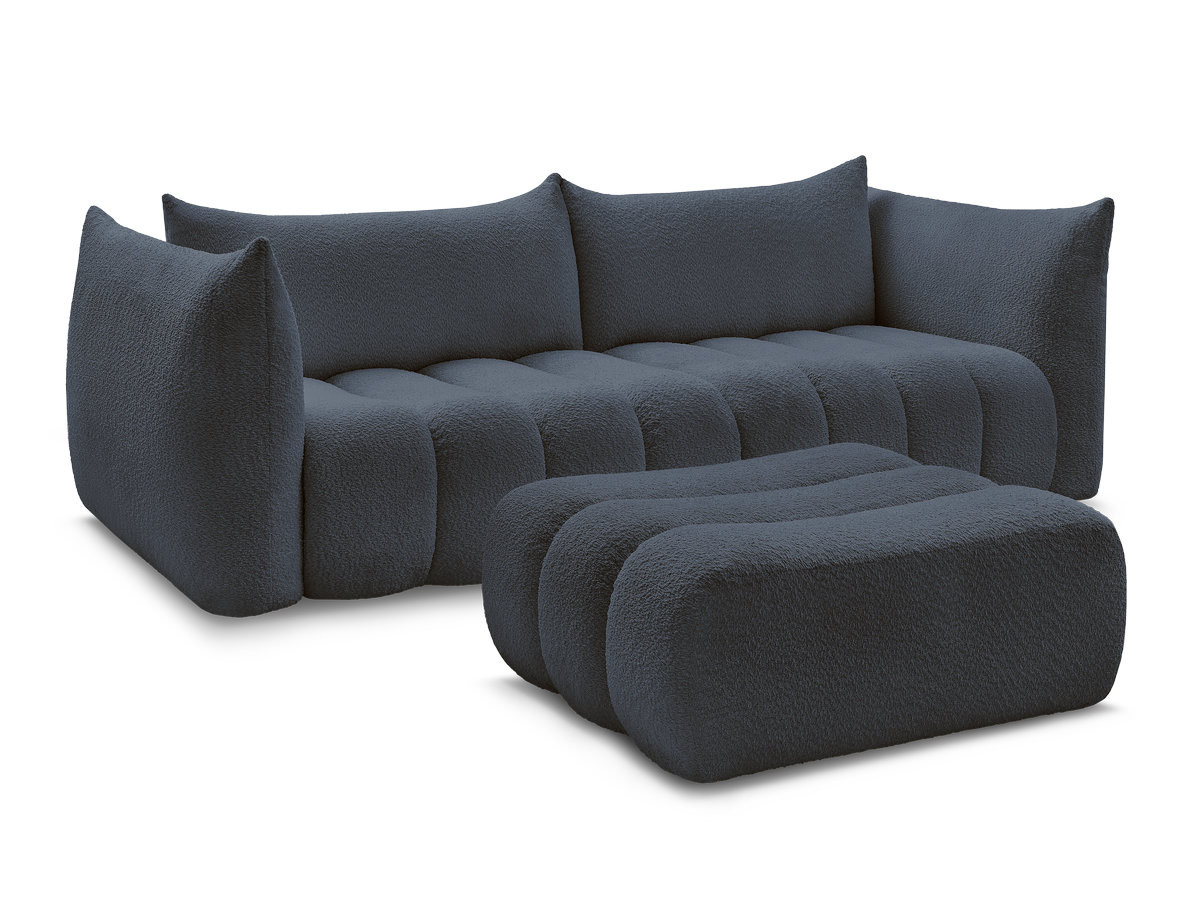 canapé droit fixe 4 places azra tissu bouclette avec pouf de couleur bleu foncé