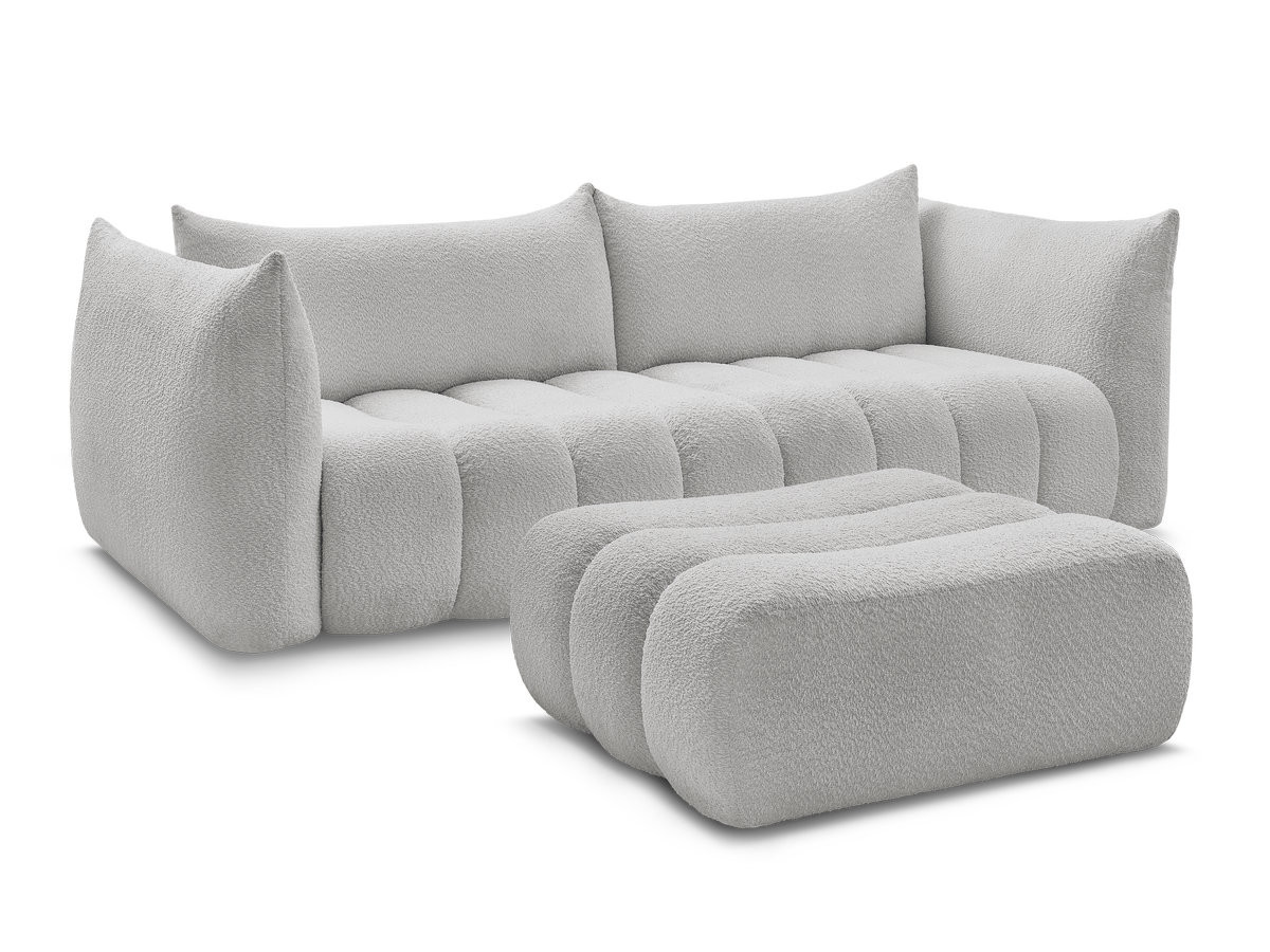 canapé droit fixe 4 places azra tissu bouclette avec pouf de couleur gris clair
