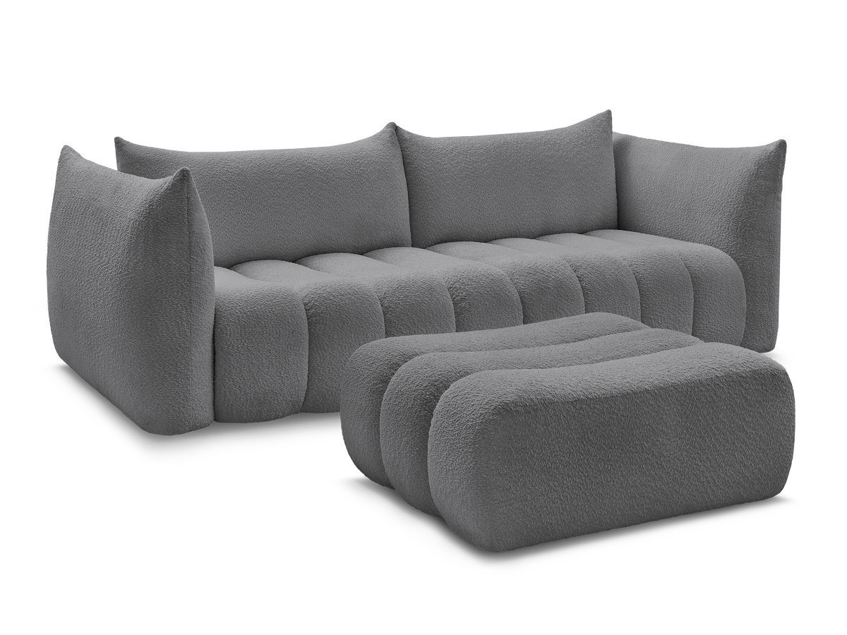 canapé droit fixe 4 places azra tissu bouclette avec pouf de couleur gris foncé