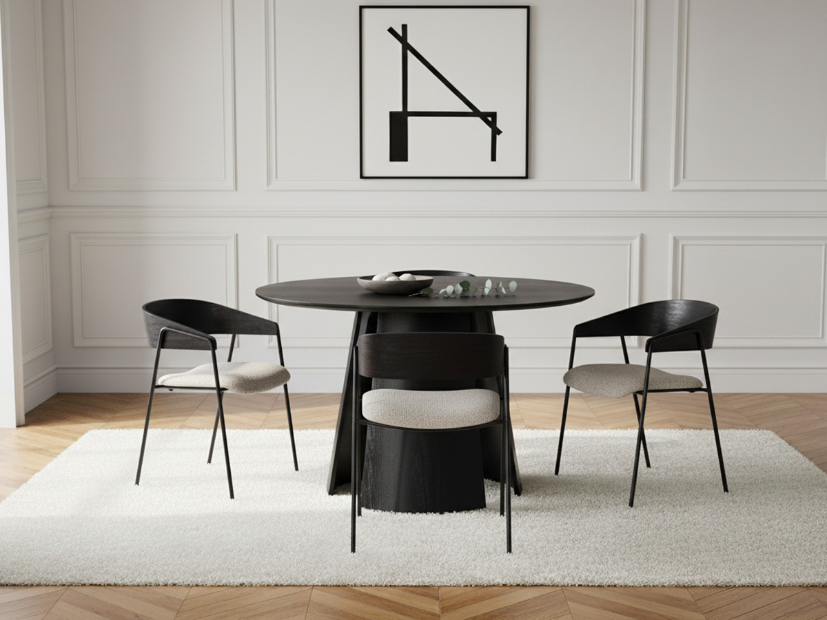 Ensemble GASTON avec table à manger ronde 120 cm placage chêne + chaises SOREN tissu texturé