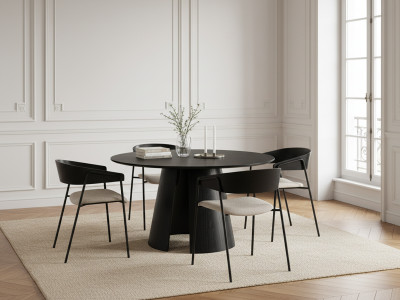 Ensemble GASTON avec table à manger ronde 120 cm placage chêne + chaises SOREN tissu texturé