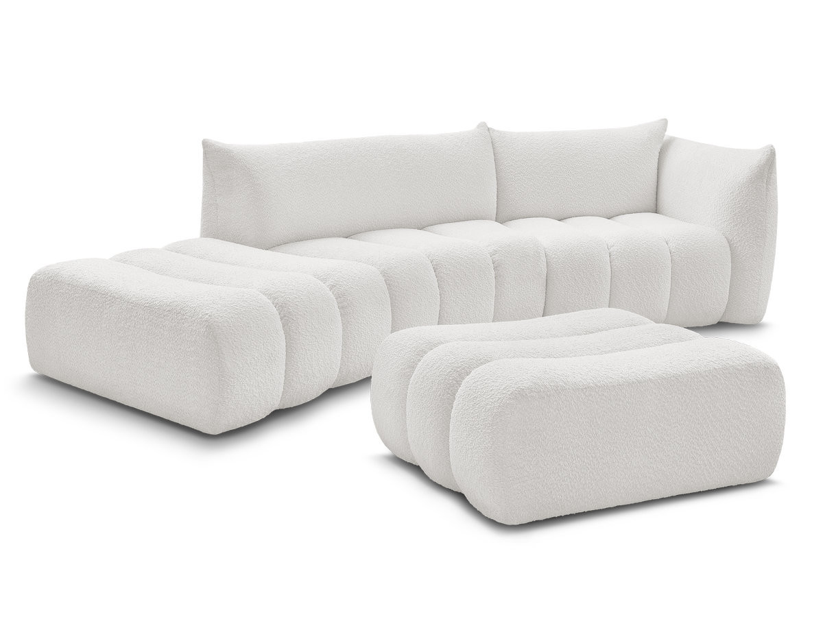 canapé incurvé fixe 4 places azra tissu bouclette avec pouf de couleur blanc