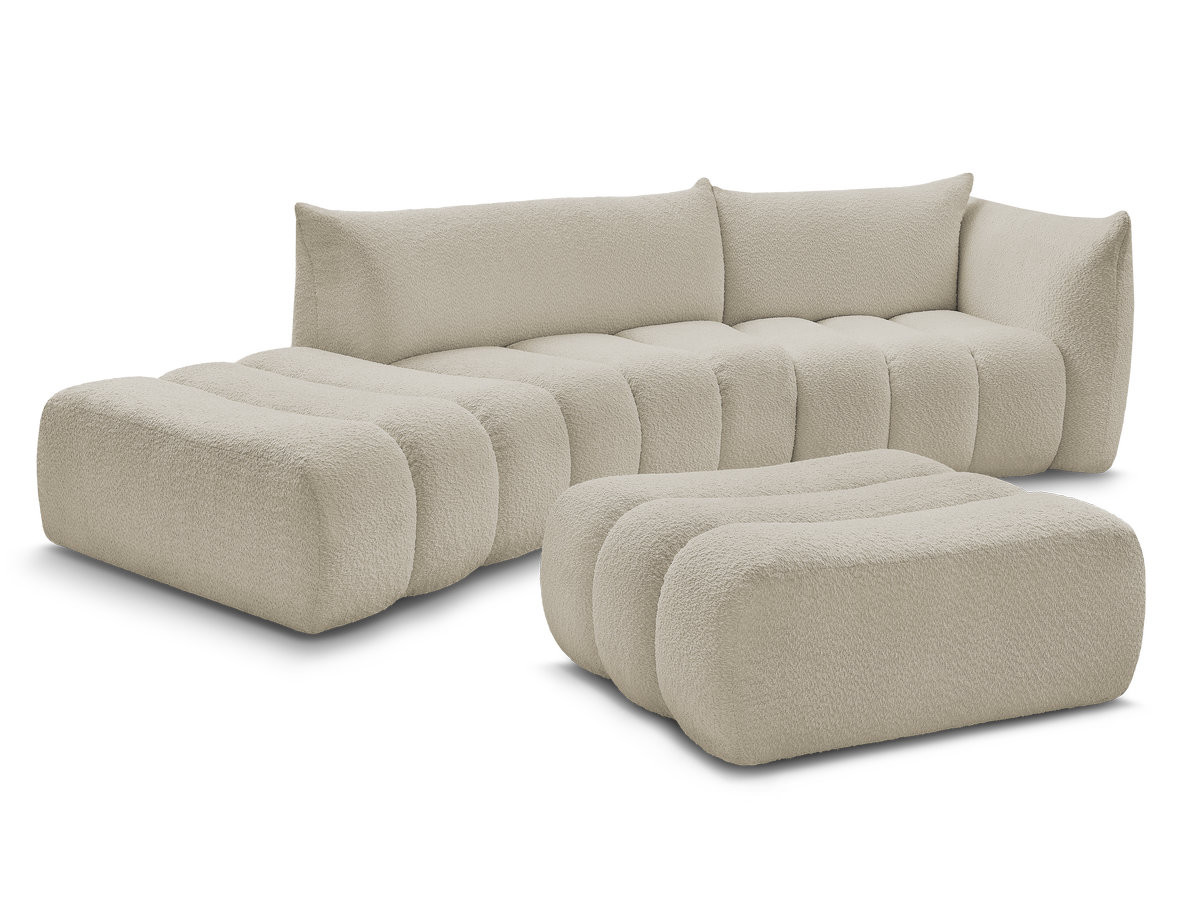 canapé incurvé fixe 4 places azra tissu bouclette avec pouf de couleur beige
