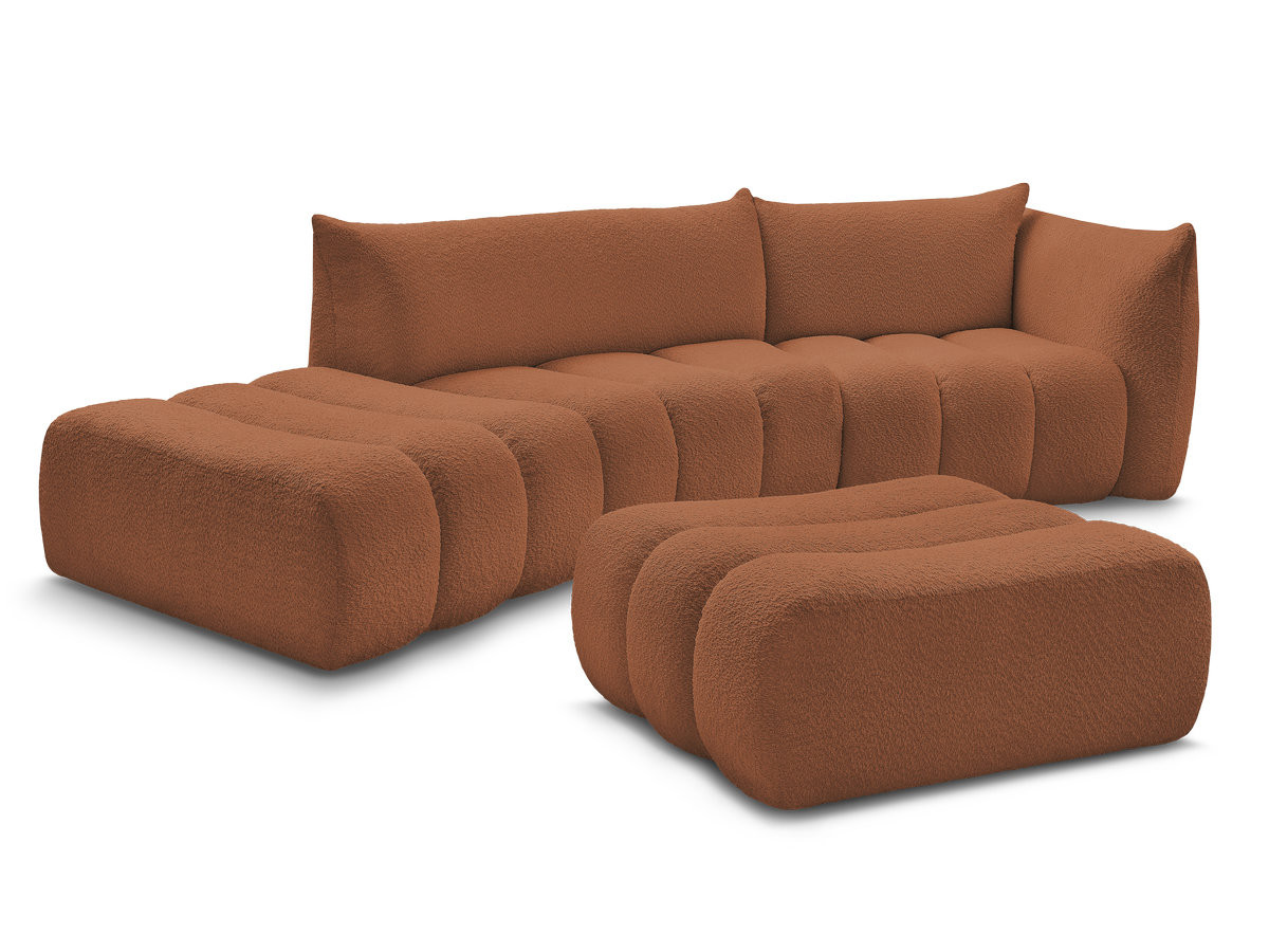 canapé incurvé fixe 4 places azra tissu bouclette avec pouf de couleur orange