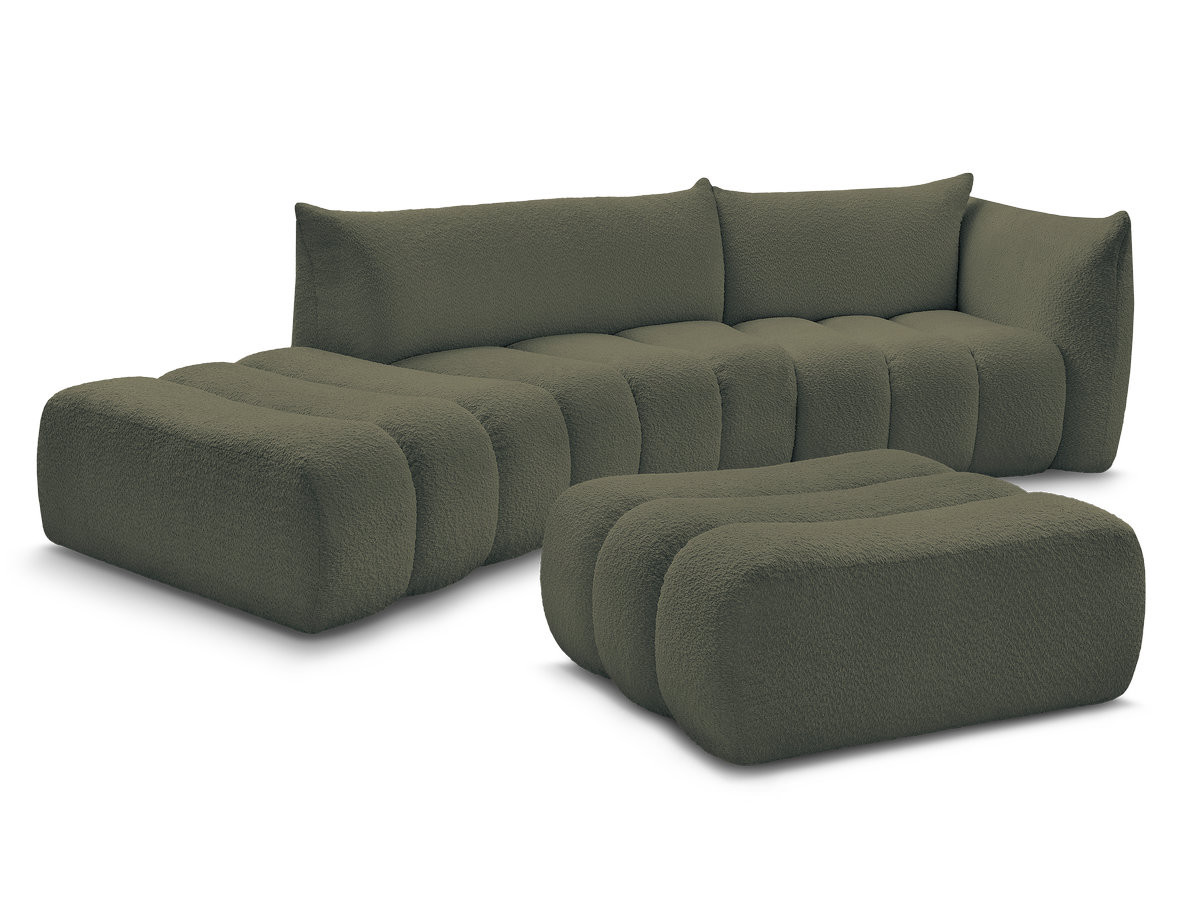 canapé incurvé fixe 4 places azra tissu bouclette avec pouf de couleur vert
