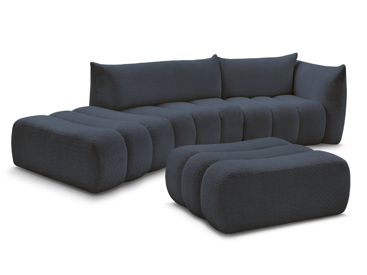 canapé incurvé fixe 4 places azra tissu bouclette avec pouf de couleur bleu foncé
