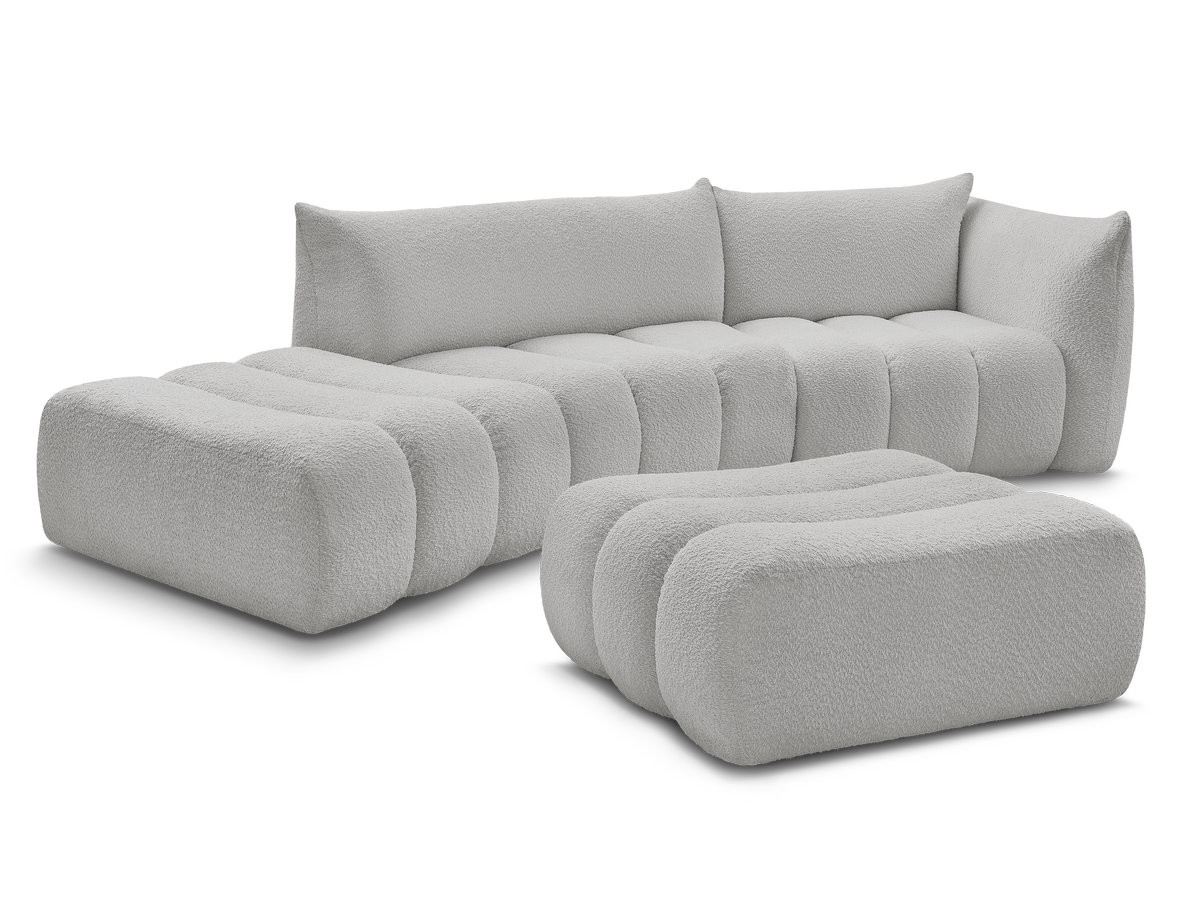canapé incurvé fixe 4 places azra tissu bouclette avec pouf de couleur gris clair