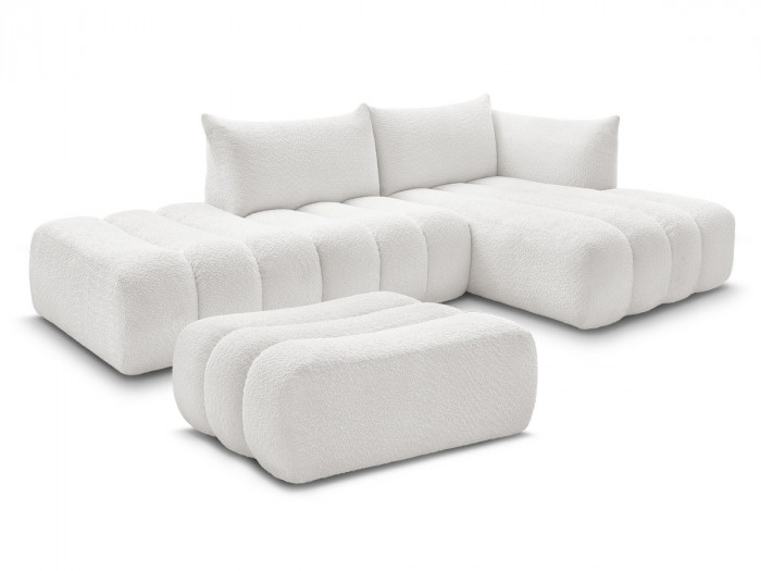 Canapé d'angle fixe modulable AZRA tissu bouclette avec pouf