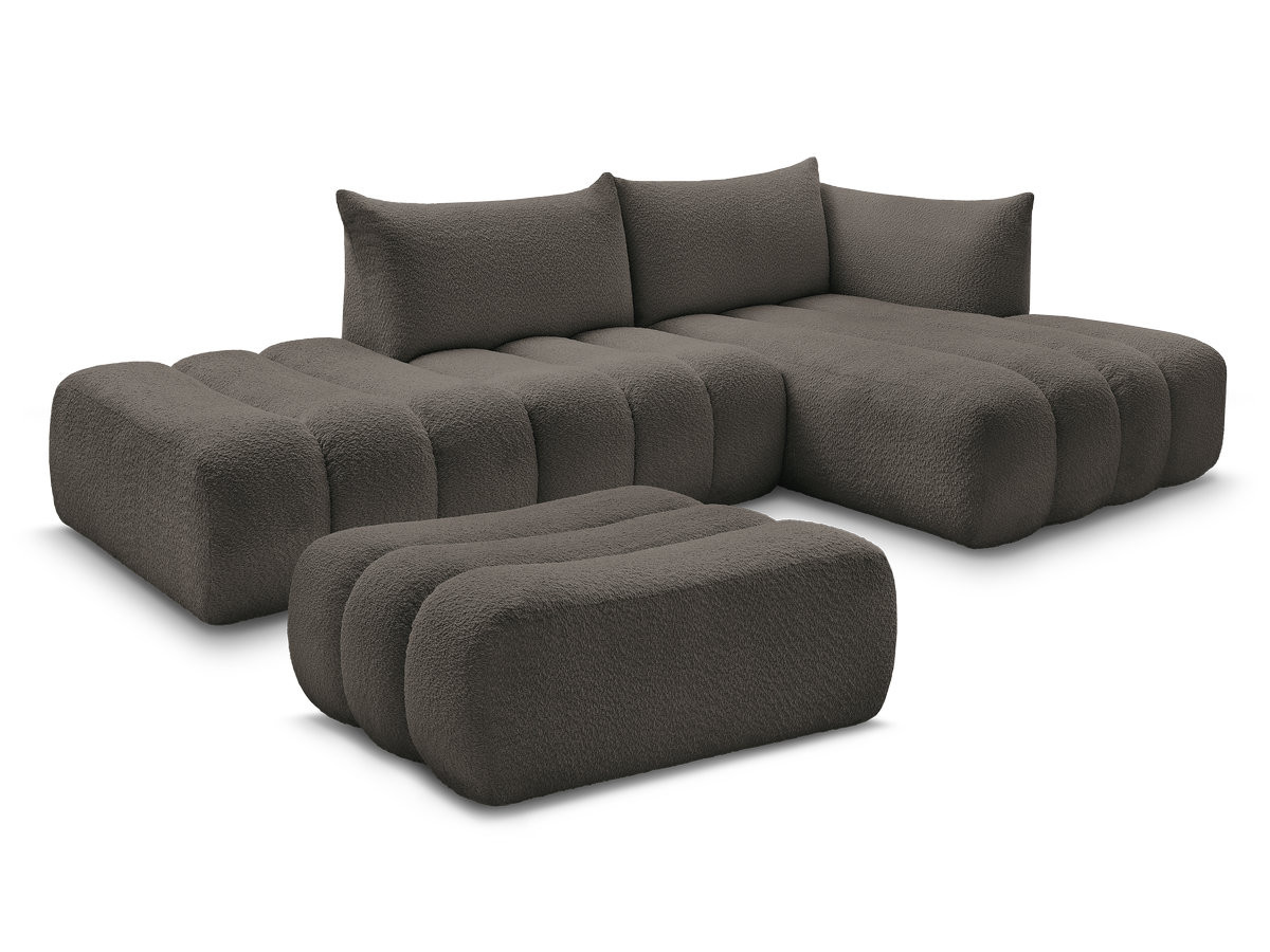 Canapé d'angle fixe modulable AZRA tissu bouclette avec pouf