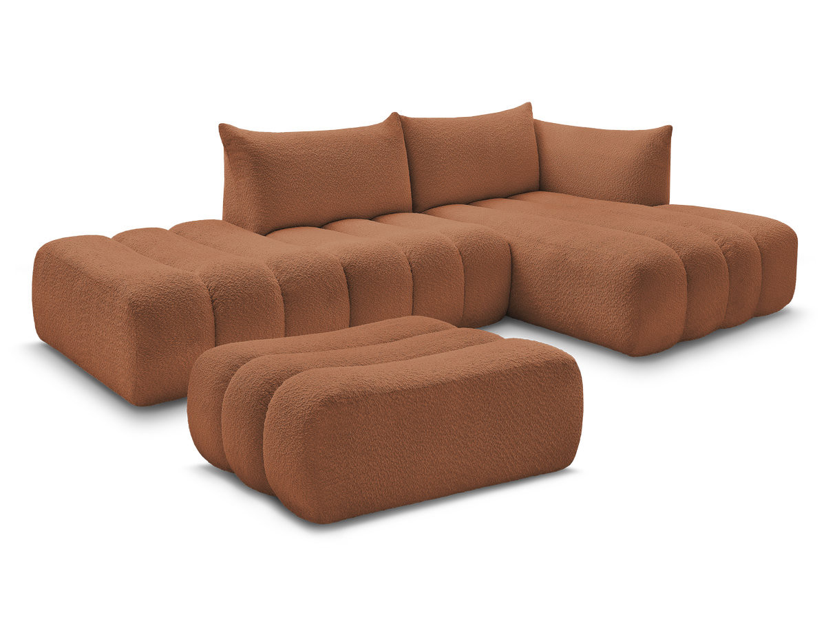 canapé d'angle fixe modulable azra tissu bouclette avec pouf de couleur orange