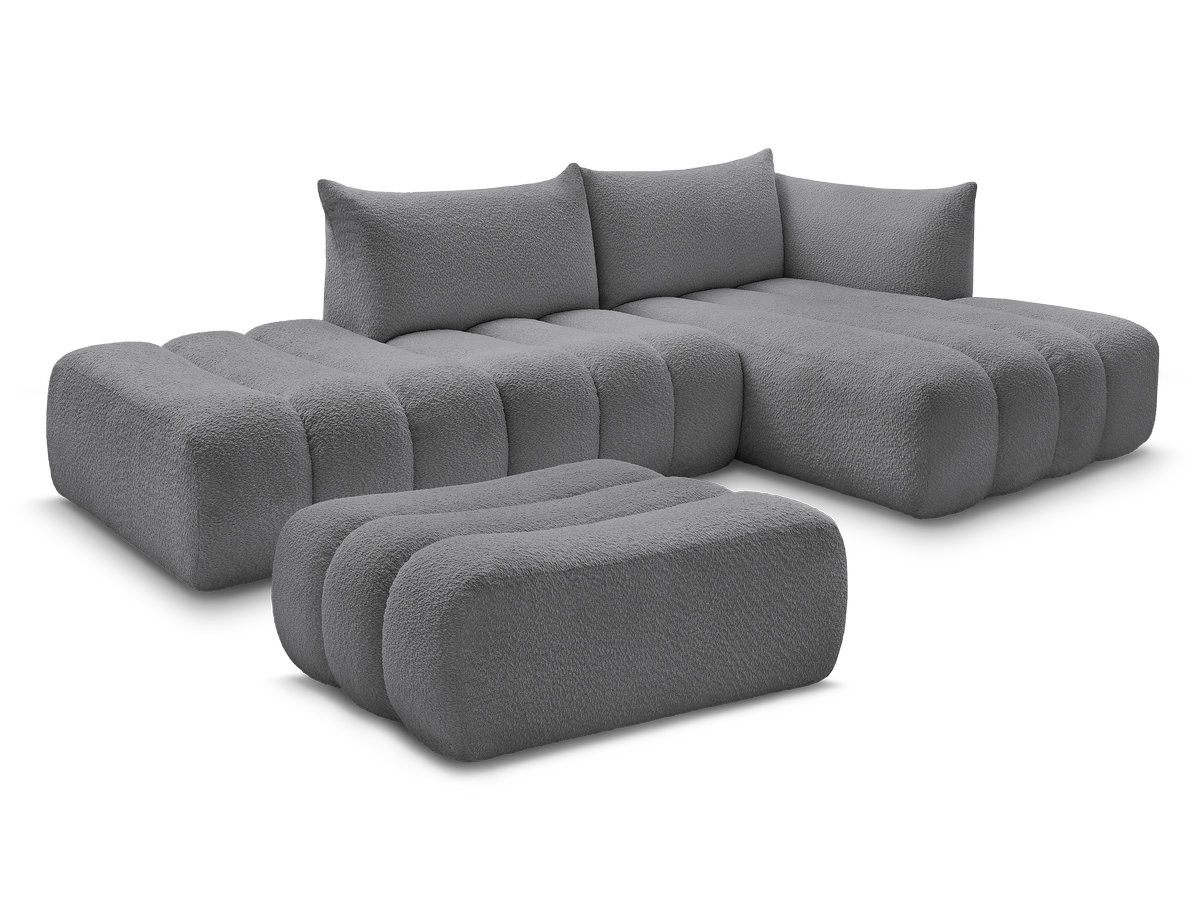 canapé d'angle fixe modulable azra tissu bouclette avec pouf de couleur gris foncé