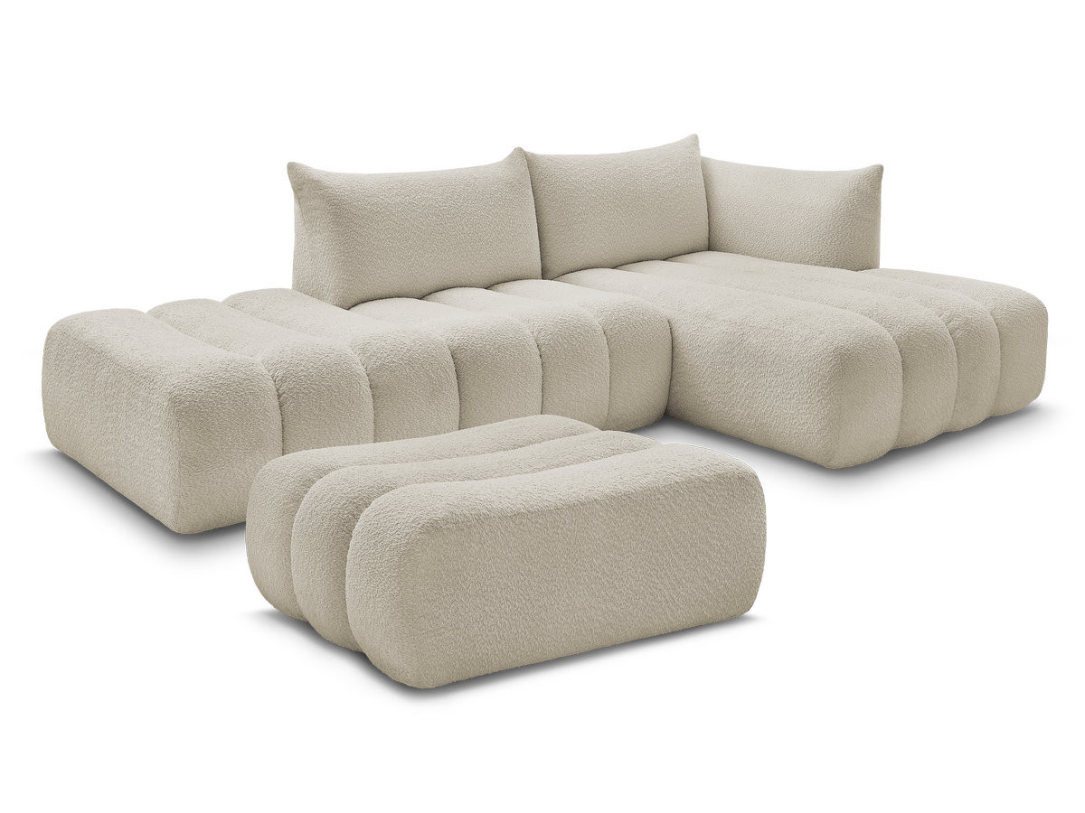 canapé d'angle fixe modulable azra tissu bouclette avec pouf de couleur beige