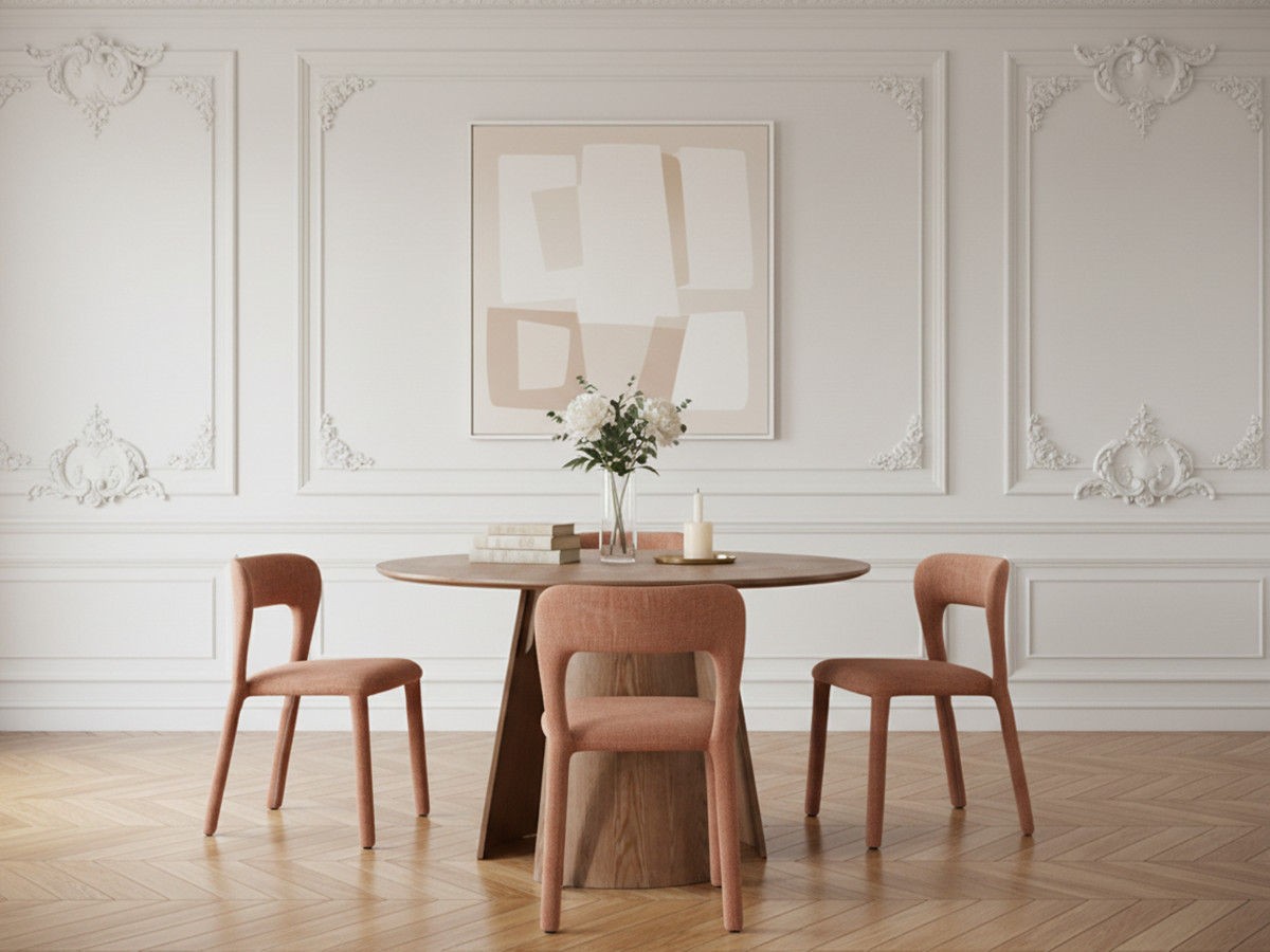 Ensemble GASTON avec table à manger ronde 120 cm placage chêne + 4 chaises PIA