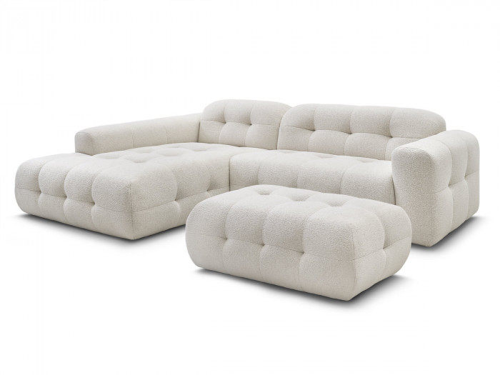 Canapé d'angle fixe LAURA tissu chiné avec grand pouf
