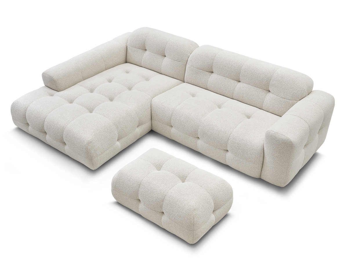 LAURA vaste hoekbank in gemêleerde stof met kleine poef
