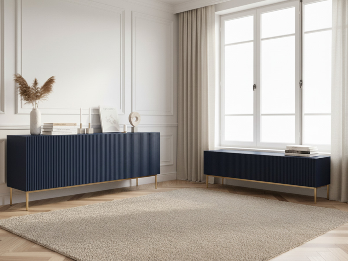 Ensemble KASHA avec Meuble TV 200 cm + Buffet 4 portes 200 cm pieds or