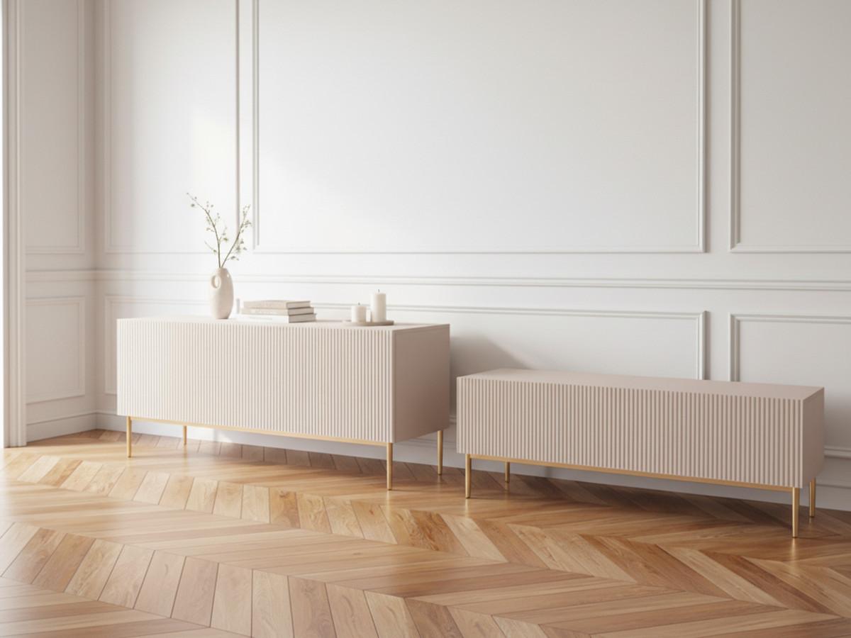 Ensemble KASHA avec Meuble TV 200 cm + Buffet 4 portes 200 cm pieds or beige