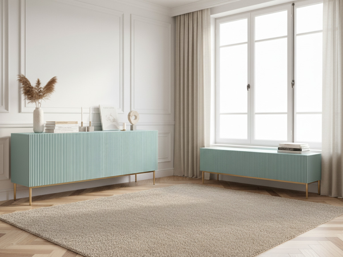 Ensemble KASHA avec Meuble TV 200 cm + Buffet 4 portes 200 cm pieds or