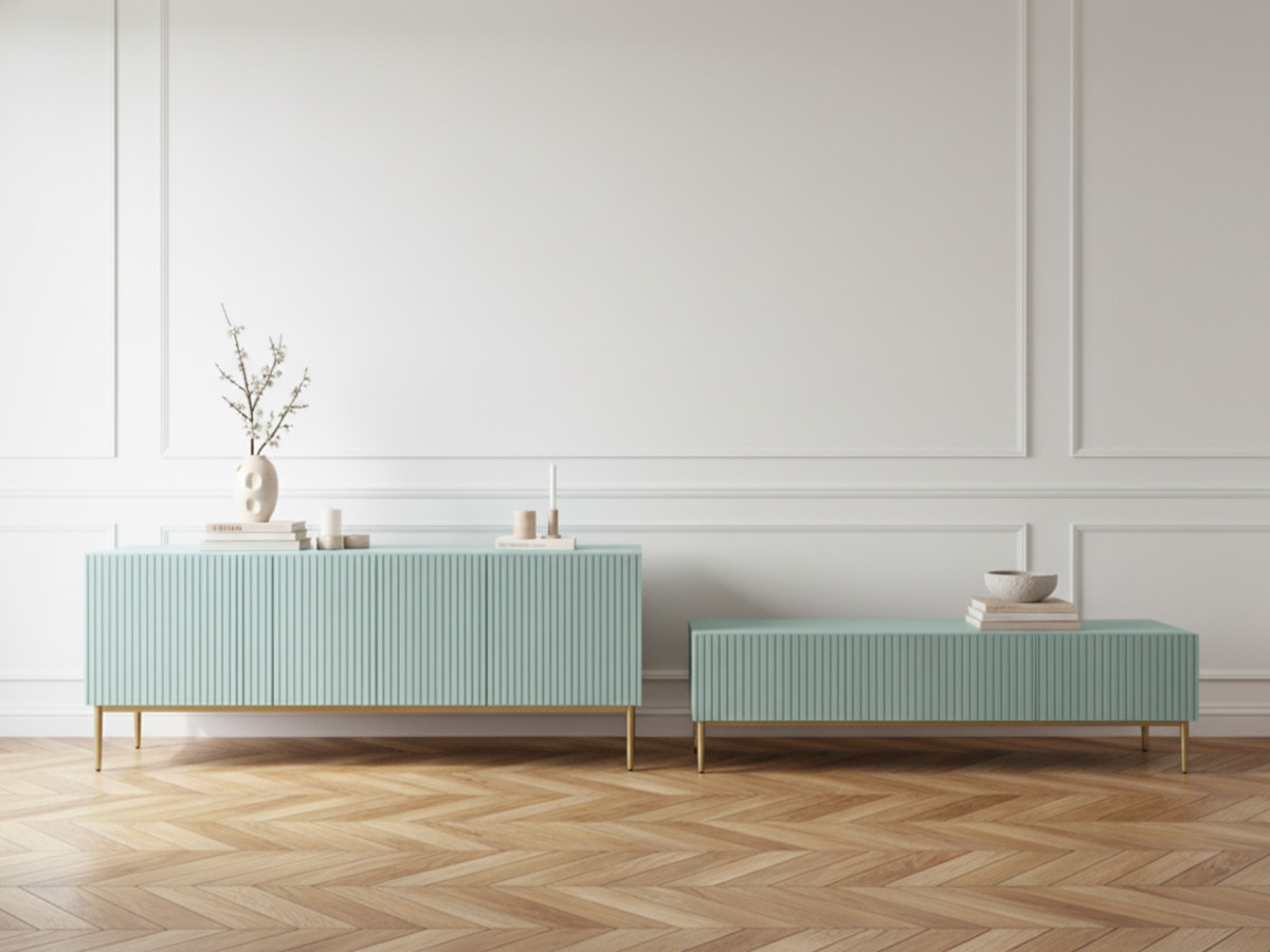 Ensemble KASHA avec Meuble TV 200 cm + Buffet 4 portes 200 cm pieds or