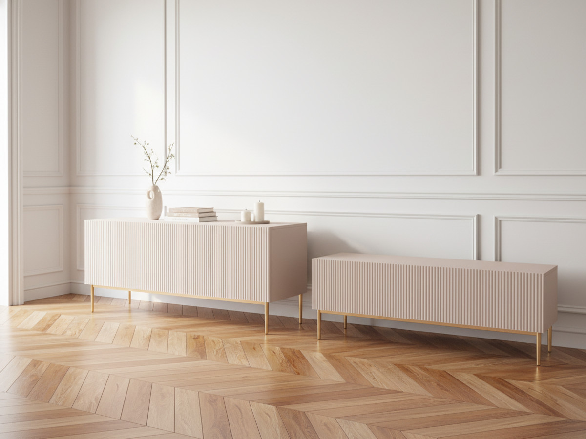 Ensemble KASHA avec Meuble TV 200 cm + Buffet 4 portes 200 cm pieds or