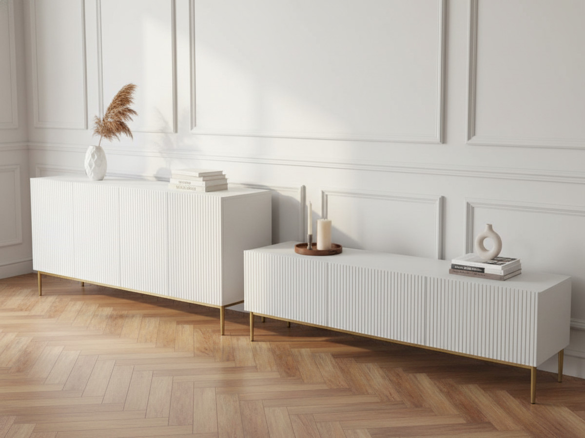 Ensemble KASHA avec Meuble TV 200 cm + Buffet 4 portes 200 cm pieds or blanc — vue 4