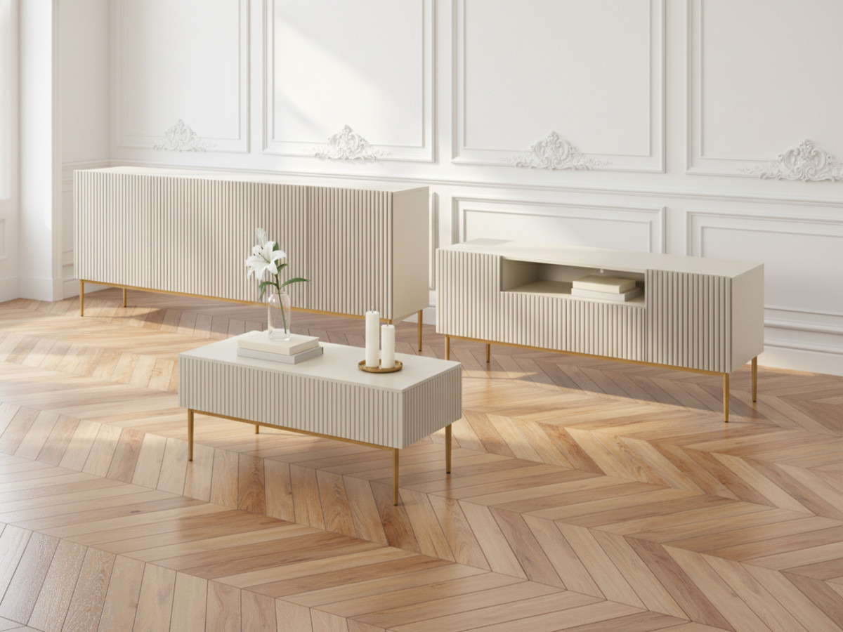 Ensemble KASHA avec Meuble TV 200 cm avec niche + Buffet 4 portes 200 cm pieds or beige — vue 4