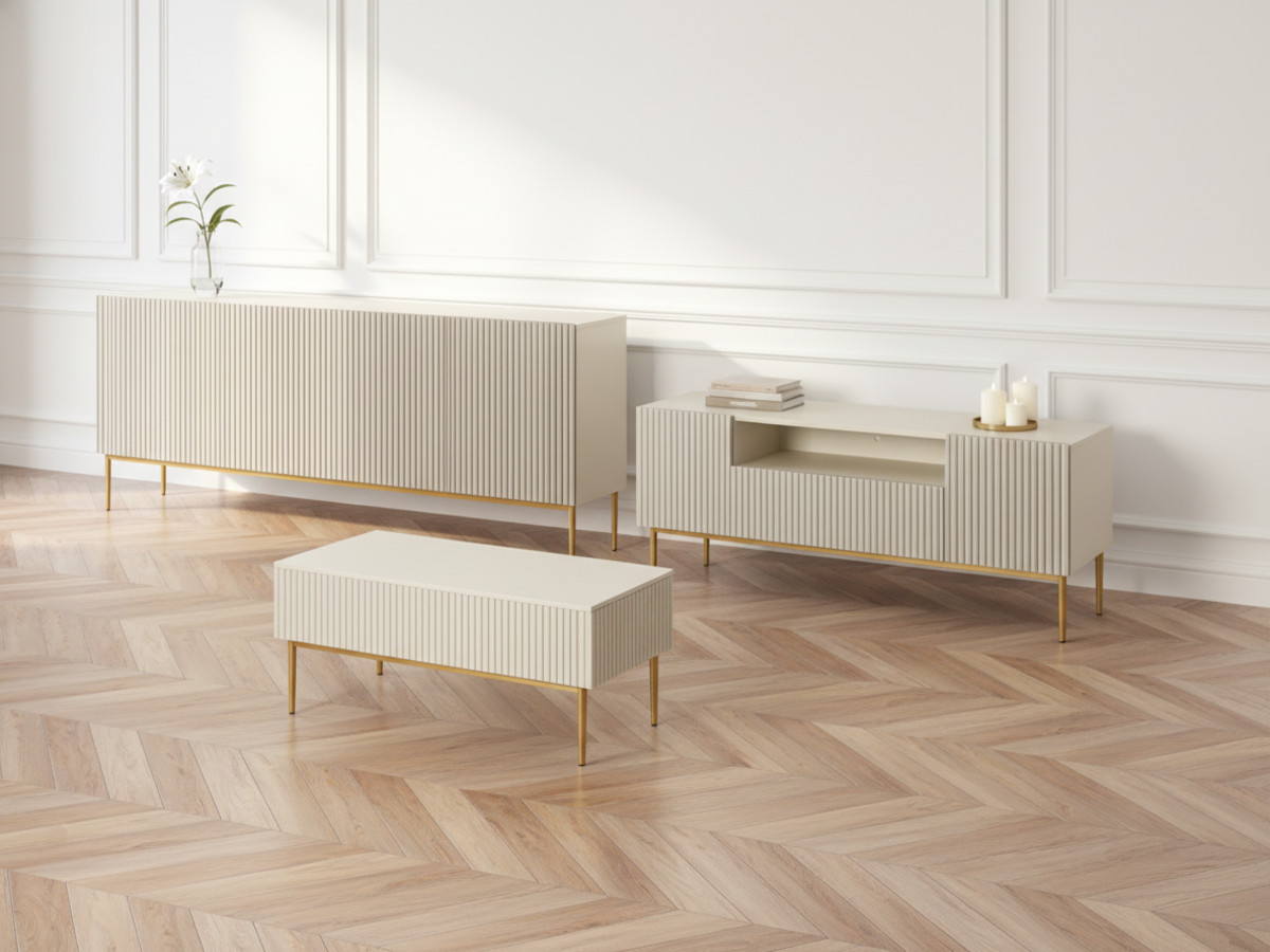 Ensemble KASHA avec Meuble TV 200 cm avec niche + Buffet 4 portes 200 cm pieds or beige — vue 5