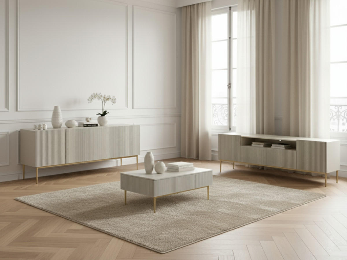 Ensemble KASHA avec Meuble TV 200 cm avec niche + Buffet 4 portes 200 cm pieds or beige