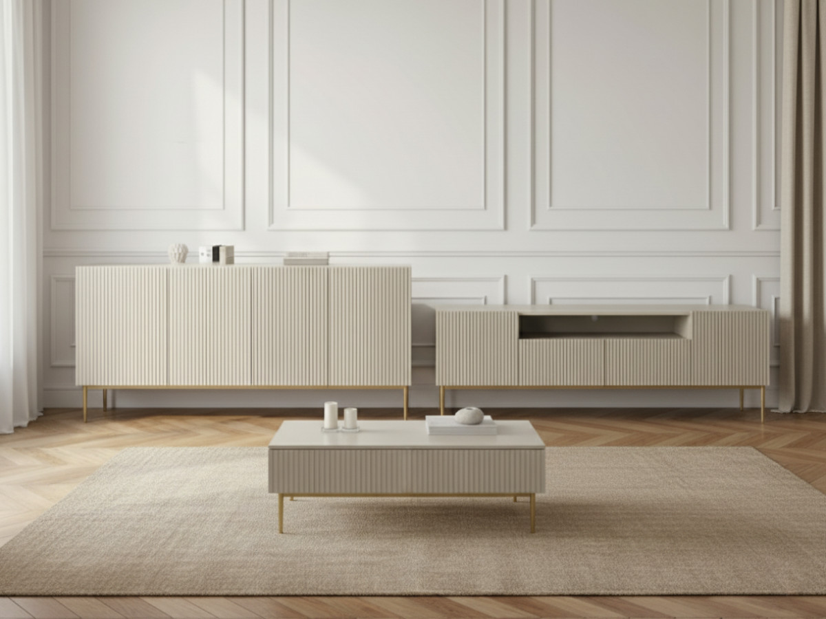 Ensemble KASHA avec Meuble TV 200 cm avec niche + Buffet 4 portes 200 cm pieds or beige — vue 6