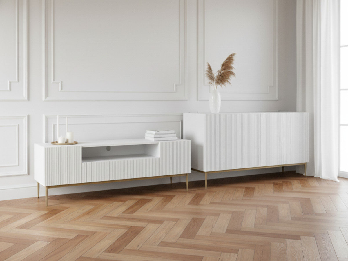 Ensemble KASHA avec Meuble TV 200 cm avec niche + Buffet 4 portes 200 cm pieds or blanc — vue 4
