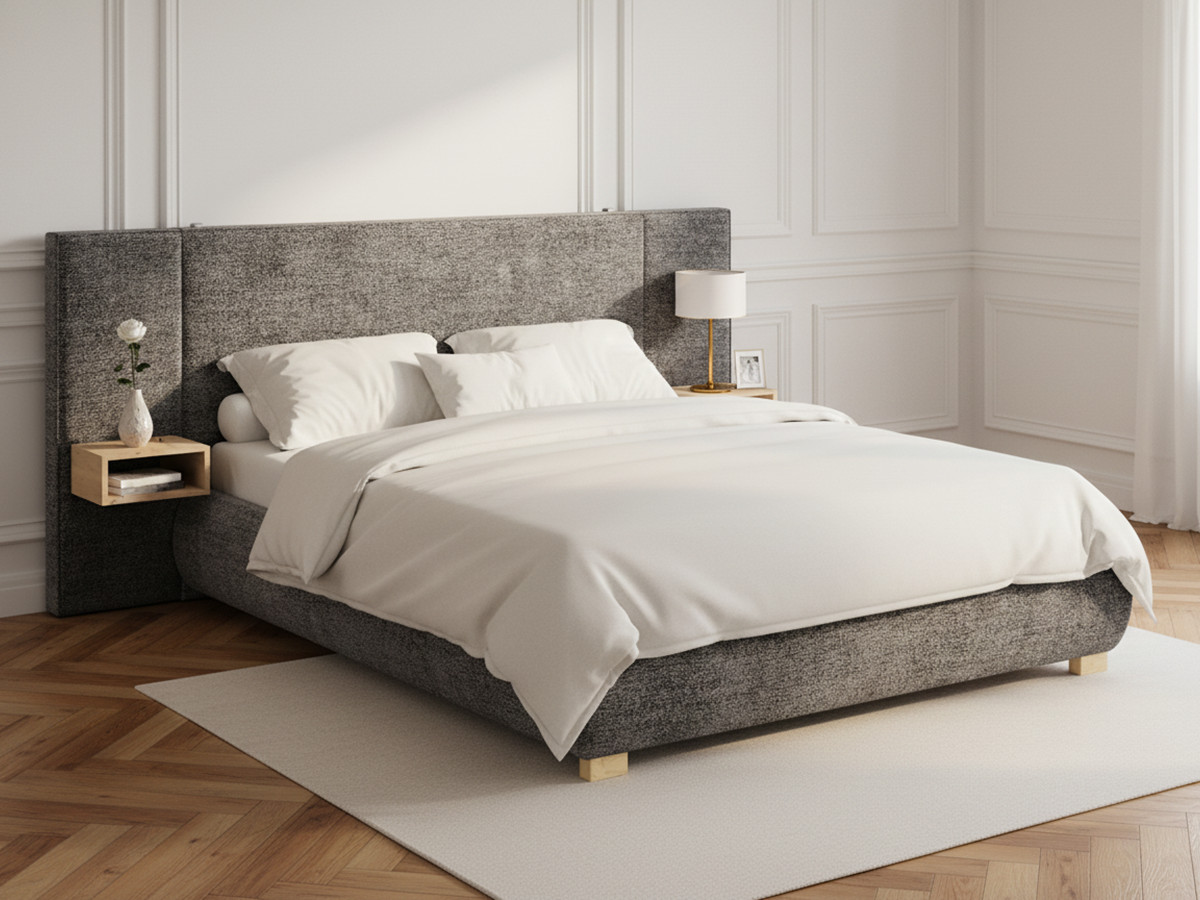 Lit coffre ALOE avec chevets et LED intégrées gris — vue 4