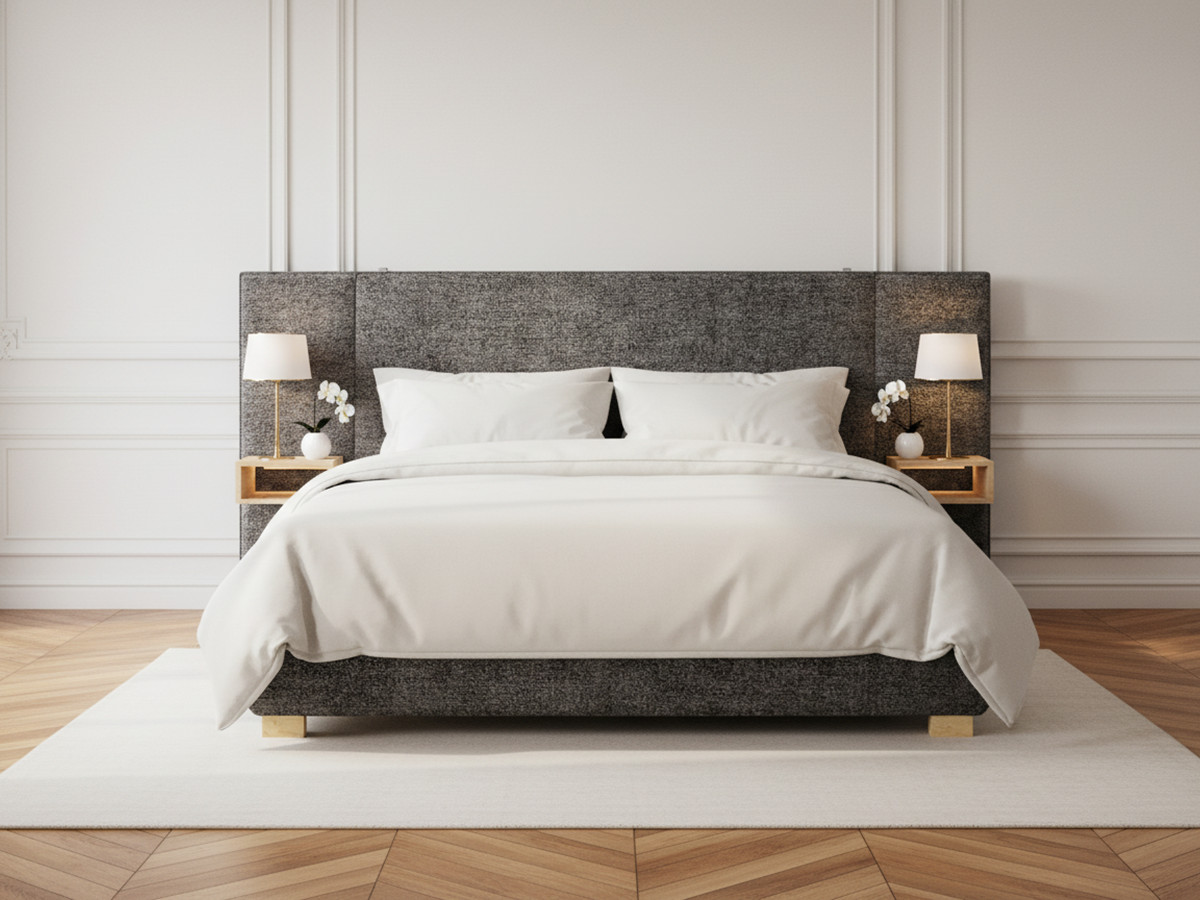 Lit coffre ALOE avec chevets et LED intégrées gris