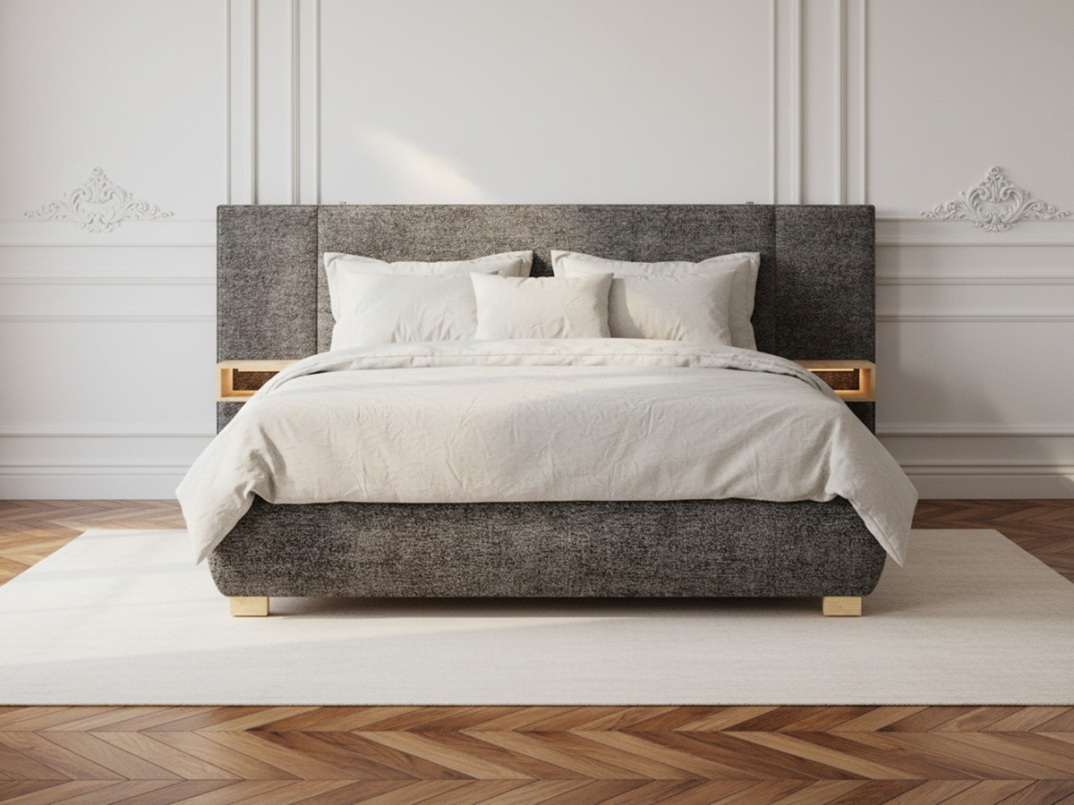 Lit coffre ALOE avec chevets et LED intégrées gris — vue 5