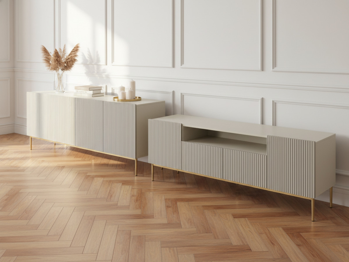 Ensemble KASHA avec Meuble TV 200 cm avec niche + Buffet 4 portes 200 cm pieds or beige — vue 5