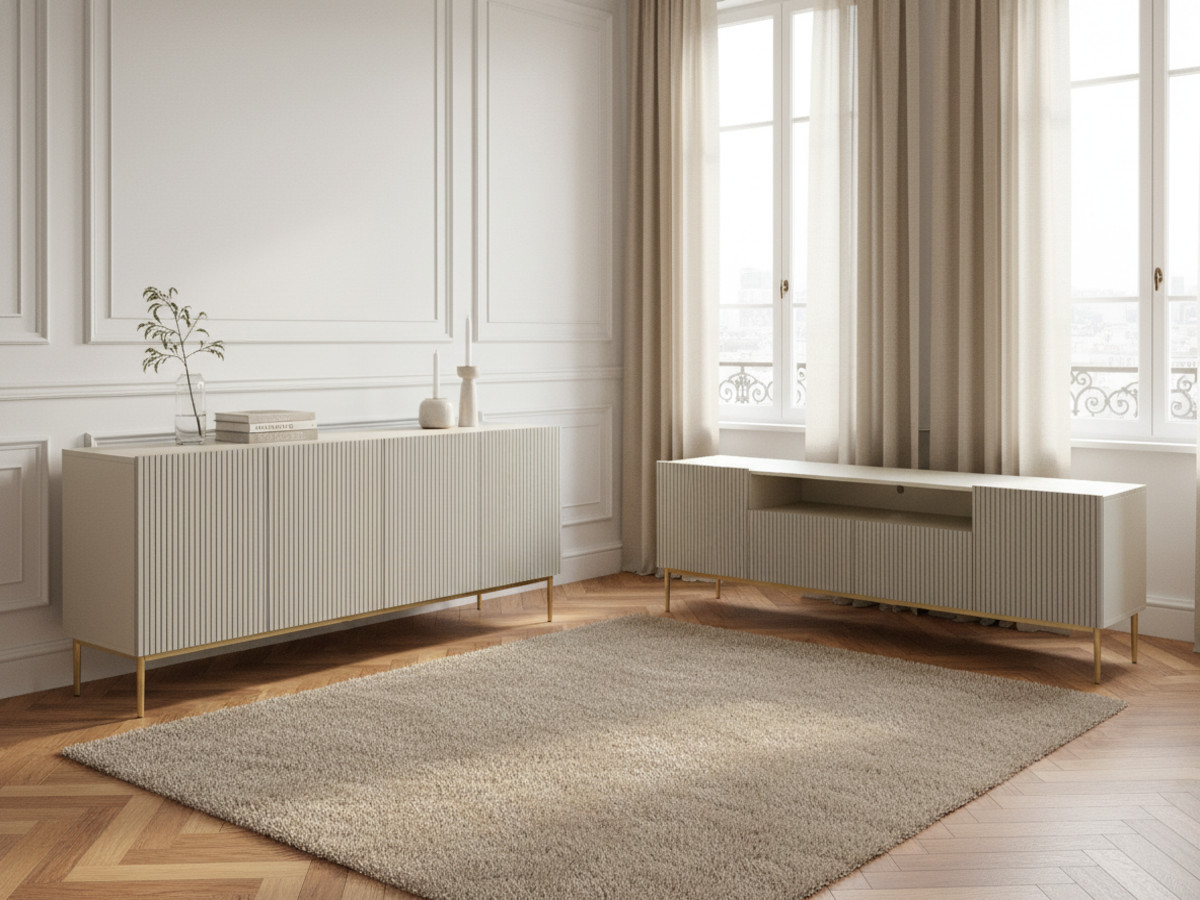 Ensemble KASHA avec Meuble TV 200 cm avec niche + Buffet 4 portes 200 cm pieds or