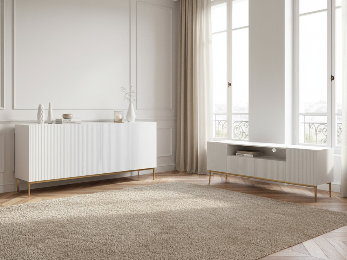 Ensemble KASHA avec Meuble TV 200 cm avec niche + Buffet 4 portes 200 cm pieds or