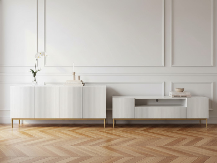 Ensemble KASHA avec Meuble TV 200 cm avec niche + Buffet 4 portes 200 cm pieds or